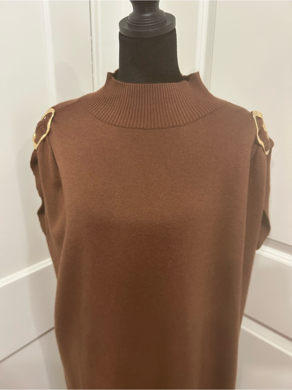 Anthropologie new Maxi knit dress large brown &gold Buckle Draped Mock Neck chic - Picture 16 of 16